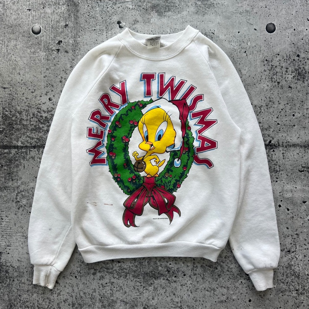 Vintage Looney Tunes Sweatshirt Womens Large White Tweety Bird Merry Twismas